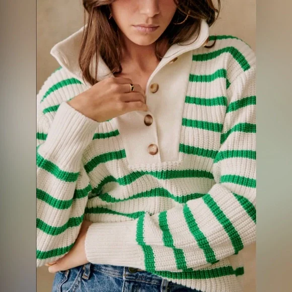 NWT Sézane Kyam Jumper Sweater Ecru & Green Size Small - Picture 2 of 8